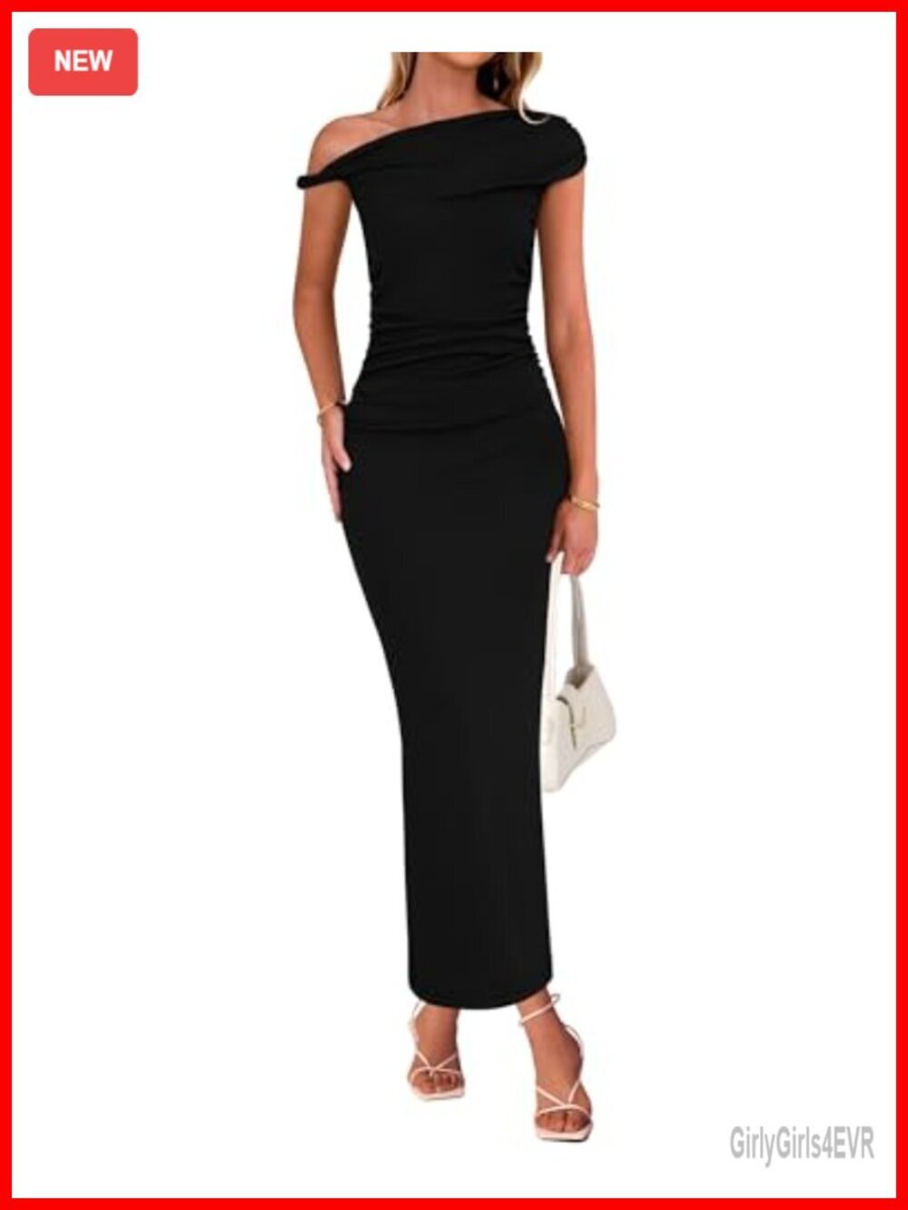 One Shoulder Twist Strap Ruched Bodycon Maxi Dress with Back Slit